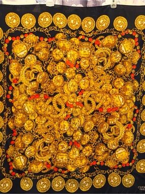 Designer  Navy Scarf with Gold Coin & Red Accent Necklace Motif